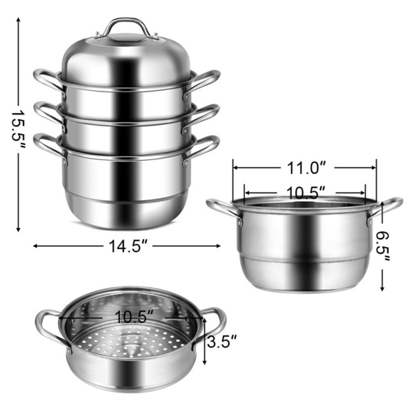 Stainless Steel Multi-Cook Steamer - 3-Tier Design with Reflux Steaming Grids, 8QT Bottom Pot, Tempered Glass Lid-5