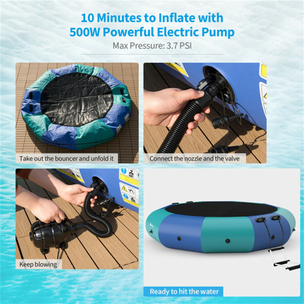 10 Feet Floating Water Trampoline - 330 lbs Capacity, Durable PVC/Oxford Cloth, with 500W Inflator & Accessories -10