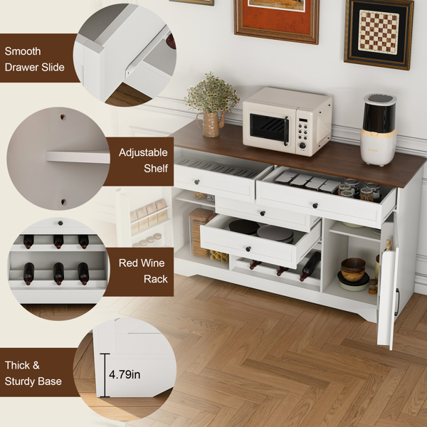 54" Farmhouse Buffet Sideboard with Storage Cabinet & Adjustable Shelf – Wood Top Dining Table with Drawer, Kitchen Storage Cabinet for Dining Room, Living Room, White-4