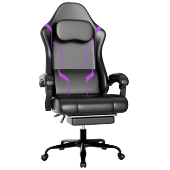 Ergonomic Gaming Chair, Video Game Chair with Pocket Spring Cushion and Footrest, Height Adjustable Computer Chair with Swivel Seat and Headrest (Faux Leather, Purple)