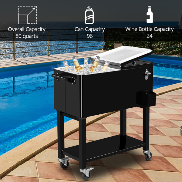 80 Quart Rolling Ice Chest, Portable Bar Drink Cooler with Catch Basin, Bottom Storage Tray and Bottle Opener for Patio Party BBQ Beach Activities-25