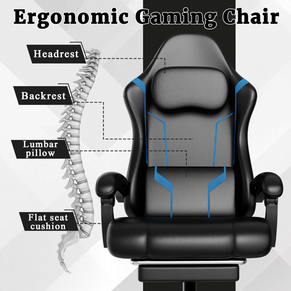 Ergonomic Gaming Chair, Video Game Chair with Pocket Spring Cushion and Footrest, Height Adjustable Computer Chair with Swivel Seat and Headrest (Faux Leather, Blue)-3