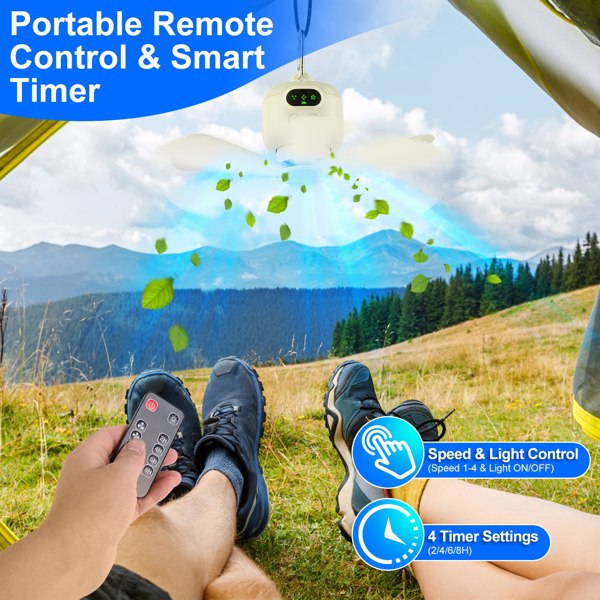2 In 1 Portable Camping Fan with LED Lantern 8000mAh Battery Powered Tent Fan with Carabiner Digital Display 4 Speeds 4 Timer Settings for Camping Canopy Tents RV-4