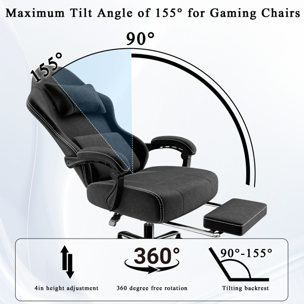 Ergonomic Gaming Chair, Video Game Chair with Massage Lumbar Support and Footrest, Height Adjustable Fabric Computer Chair with Pocket Spring Cushion, Black-4