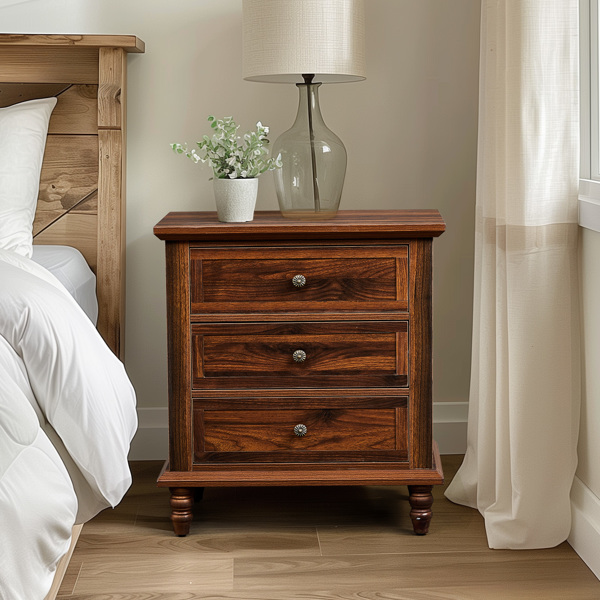 Brown P2 particle board with 3D paper + solid wood legs 63*44.5*68.5CM three drawers bedside table 1pcs-1