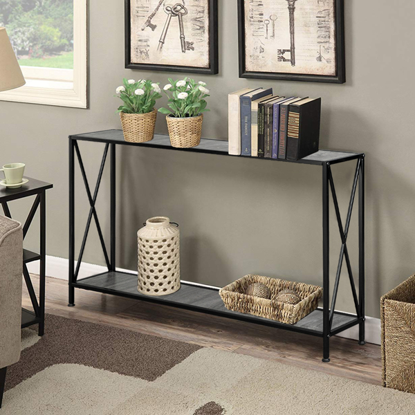 Artisasset Grey MDF Countertop Black Wrought Iron Base 2 Layers Forked Console Table-15