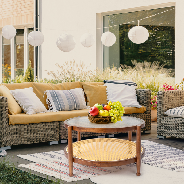 31.5in Rattan Coffee Table with Glass Top, Round End Table, Boho Style Side Table Sofa End Table for Living Room Balcony Patio, Walnut Finish-9