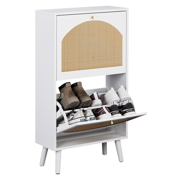 2 dump buckets with high-leg arched rattan shoe cabinet particle board + plastic rattan 54*24*98cm white frame + original wood rattan surface + white high-leg shoe cabinet-9