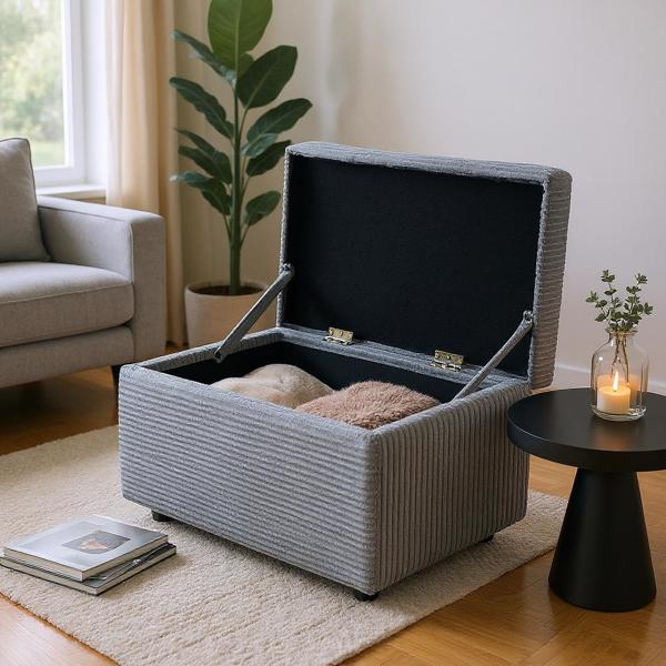 Dark Gray Corduroy Upholstered Storage Ottoman with Black Round Rubber Feet – 63×43×43cm, Hidden Storage with Soft Seating-3