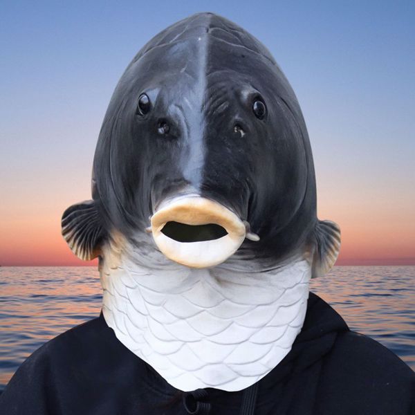 万圣节搞怪面具真实厂家直销金鱼动物头鱼面具 fish mask 黑色鱼头-4