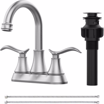Bathroom Faucet Brushed Nickel with Pop-up Drain & Supply Hoses 2-Handle 360 Degree High Arc Swivel Spout Centerset[Unable to ship on weekends,usps/fedex]