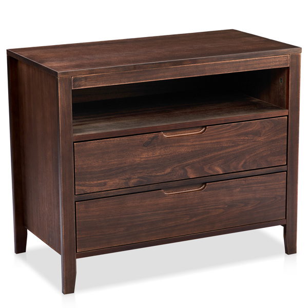 Brown P2 density board + solid wood veneer frame 75*40*61CM two drawers with upper compartment bedside table mid-century modern-11