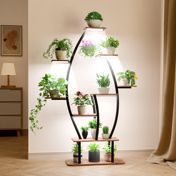 Plant Stand Indoor with Grow Lights, 9 Tiered Indoor Plant Shelf, 59" Tall Corner Plant Stand for Indoor Plants Multiple, Metal Plant Flower Holder, Leaf-Shaped Plant Rack for Home,Patio-1