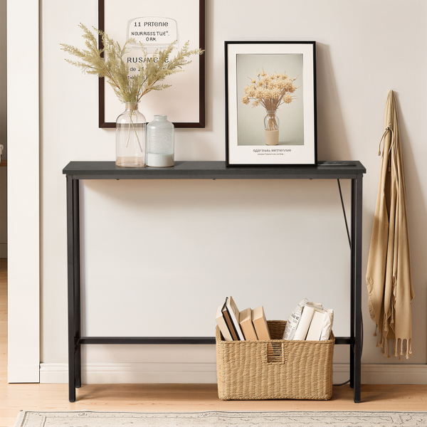 39.4" Narrow Console Sofa Table with Power Outlets and USB Ports, Skinny Couch Table with Metal Frame and Charge Station with 4.9ft Extension Cord, Black-5