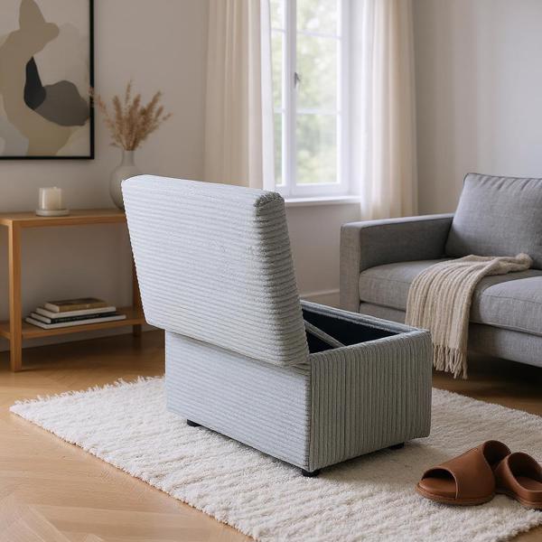 Light Gray Corduroy Upholstered Storage Ottoman with Black Round Rubber Feet – 63×43×43cm, Hidden Storage with Soft Seating-6