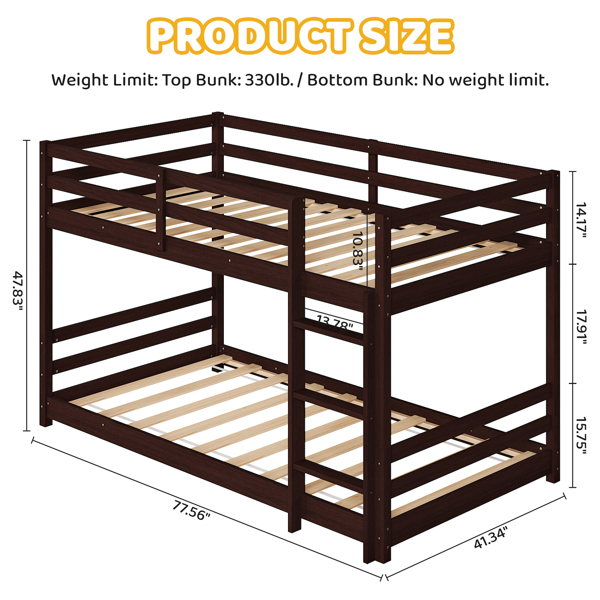 Brown painted pine twin wooden bed with head and tail cross rails, can be split into single bed or bunk bed-4