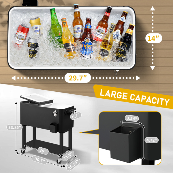 80 Quart Rolling Ice Chest, Portable Bar Drink Cooler with Catch Basin, Bottom Storage Tray and Bottle Opener for Patio Party BBQ Beach Activities-2