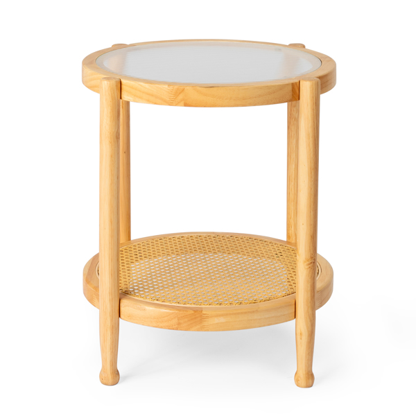 19.7in Rattan Coffee Table with Glass Top, Small Round End Table, Boho Style Side Table Sofa End Table for Living Room Balcony Patio, Natural-2