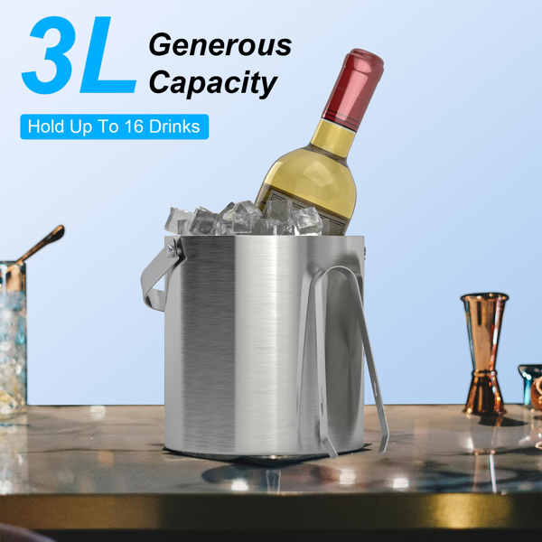  3L Ice Holder Ice Container Double-Wall Stainless Steel Insulated Ice Bucket 3L Ice Holder Ice Container with Lid Scoop Strainer Handle for Wine Champagne Beer Parties Cocktails-6