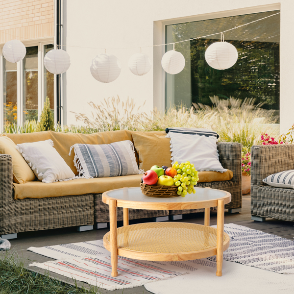 31.5in Rattan Coffee Table with Glass Top, Round End Table, Boho Style Side Table Sofa End Table for Living Room Balcony Patio, Natural-8