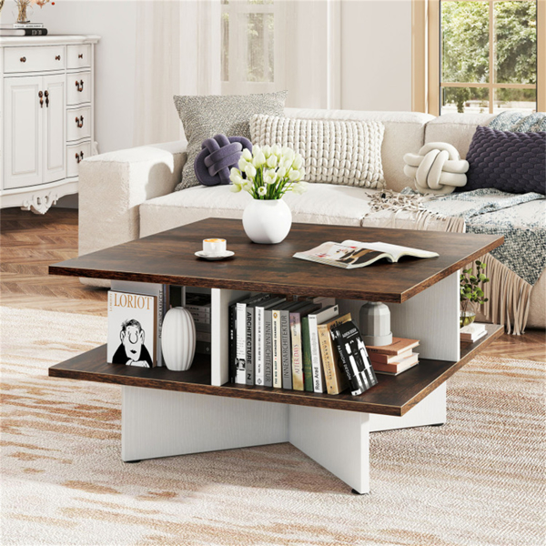 2-Tier Living Room Coffee Table - Square Design with 4 Storage Compartments-13