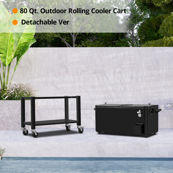 80 Quart Rolling Ice Chest, Portable Bar Drink Cooler with Catch Basin, Bottom Storage Tray and Bottle Opener for Patio Party BBQ Beach Activities-16