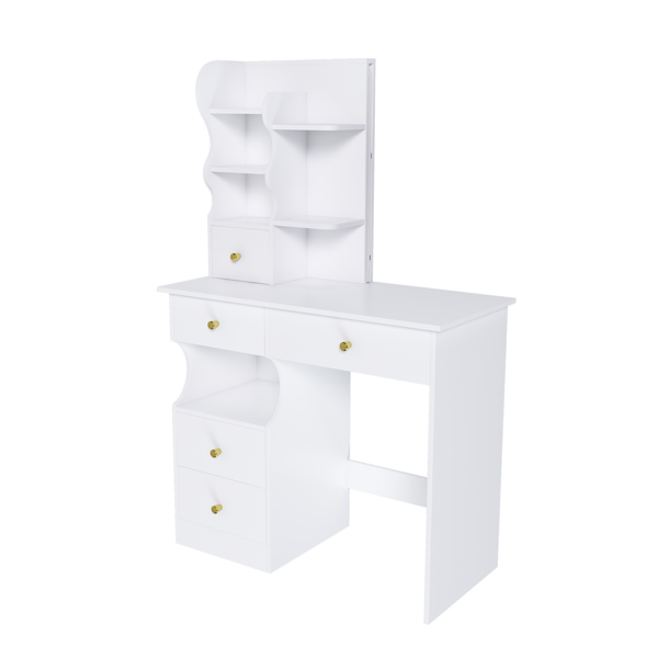 White dressing table, mirror and LED light, 5-drawer dressing table, movable and hidden mirror, 3-color mode touch screen, storage organizer for women's and girls' bedrooms -2