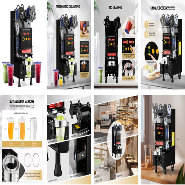 Cup Sealing Machine, Full Automatic Cup Sealer Machine 88/89/90/95mm, Electric Boba Cup Sealing Machine 500-600 Cups/H with LCD Control Panel for Bubble Milk Tea -9
