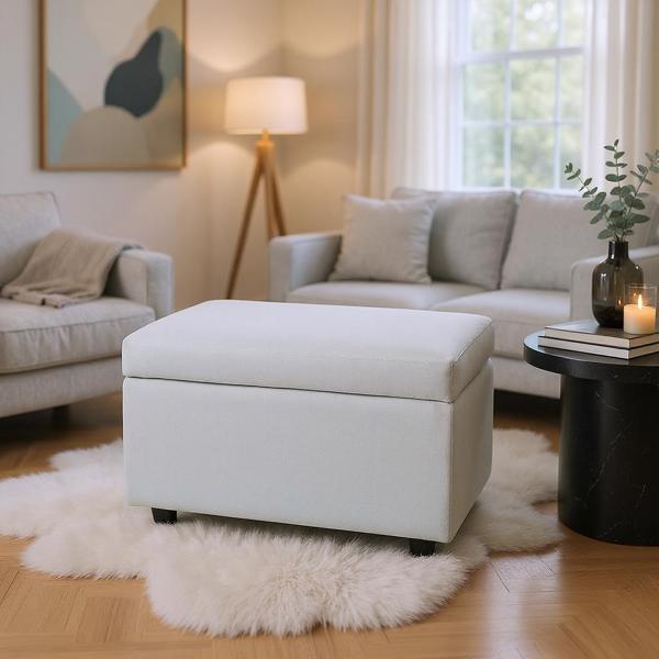 Beige Linen-Textured Storage Ottoman with Rubber Feet – 63×43×43cm Bench for Entryway, Bedroom or Living Room-2