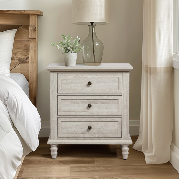 Retro white P2 particle board with 3D paper + solid wood legs 63*44.5*68.5CM three drawers bedside table 1pcs-1