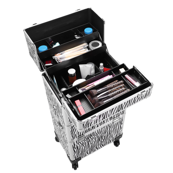3 in 1 Aluminum Cosmetic Makeup Case Tattoo Box White Zebra Print-16