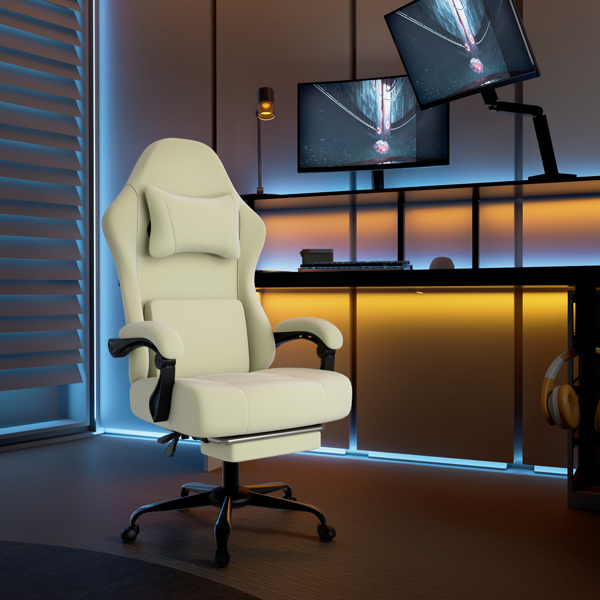 Ergonomic Gaming Chair, Video Game Chair with Massage Lumbar Support and Footrest, Height Adjustable Fabric Computer Chair with Pocket Spring Cushion, White-8