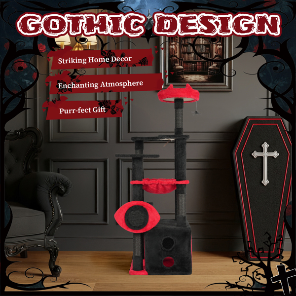 53" Large Cat Tree, Gothic Cat Tower with Padded Perch, Spacious Condo, Comfy Hammock, Scratching Post, Hanging Toy for Indoor Cats, Red & Black-7