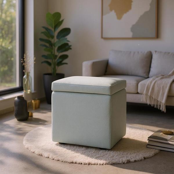 Gray Linen-Textured Storage Ottoman with Black Rubber Feet – Compact Square Seat with Hidden Storage, 42×42×44cm-1