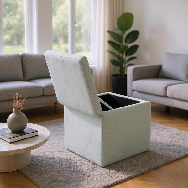 Beige Linen-Textured Storage Ottoman with Black Rubber Feet – Compact Square Seat with Hidden Storage, 42×42×44cm-2