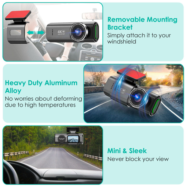 4K+1080P Dual Dash Cam Front & Rear with WiFi & Free 64 GB Card | 140°/120° Wide-Angle Loop Recording | G-Sensor & Night Vision | Mini Aluminum Alloy Car Camera, Easy Install-7