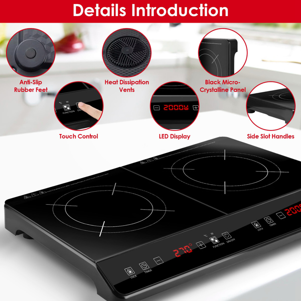 Double Induction Cooktop,  Portable Dual Countertop Burner with Sensor Touch, 4000W  Induction Cooktop 2 Burner, Electric Countertop Cooker with 9 Temp & Power Levels, 3-Hour Timer,Safety Lock-11
