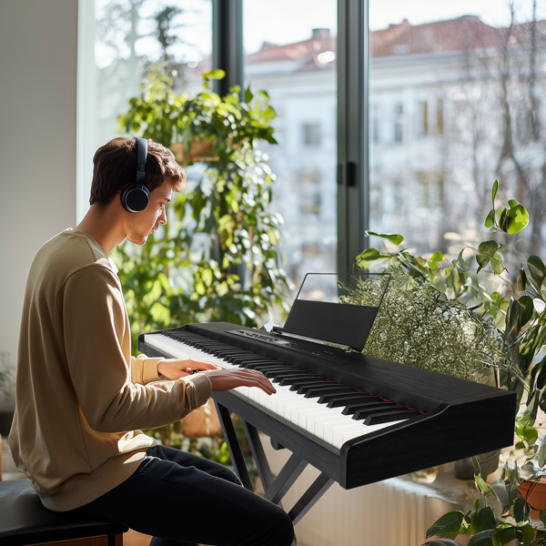 GPPD01-203 88 Key Semi-Weighted Standard Keyboards Digital Piano with Metal Stand, MIDI Bluetooth, Triple Pedals, Headphone and Other accessories for Piano beginner Black color-7