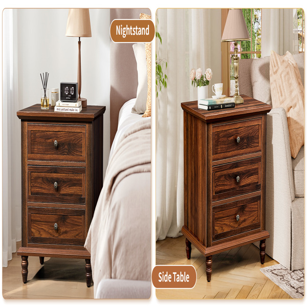 Brown P2 particle board with 3D paper + solid wood legs 63*44.5*68.5CM three drawers bedside table 1pcs-11
