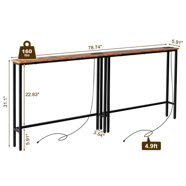 2 Pack 39.4" Narrow Console Sofa Table with Power Outlets and USB Ports, Long Couch Table with Metal Frame and Charge Station with 4.9ft Extension Cord, Rustic Brown-10