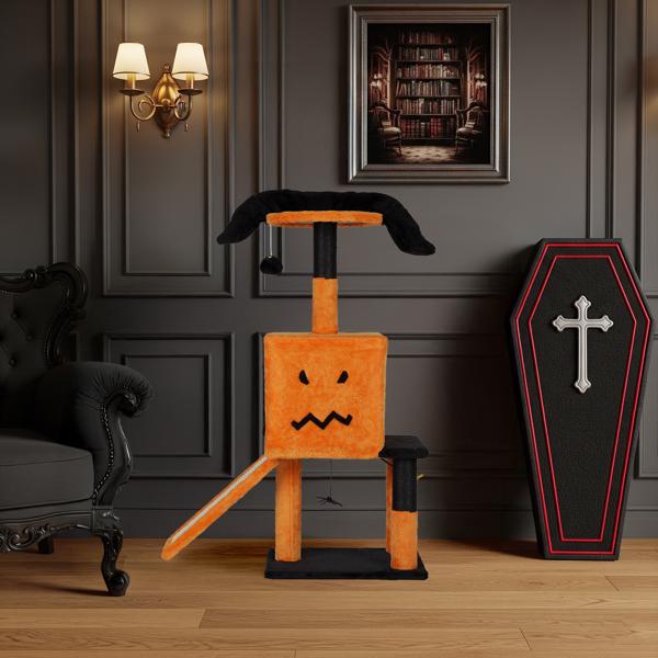 39.4" Halloween Cat Tree, Cat Tower Cat Tree for Indoor Cats with Spacious Cat Condo, Sisal Scratching Posts, Hanging Toys, Orange & Black-10
