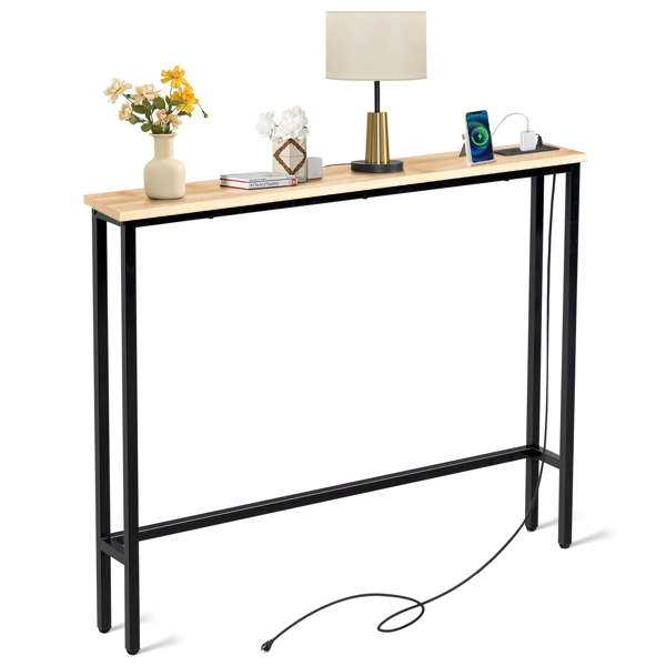 39.4" Narrow Console Sofa Table with Power Outlets and USB Ports, Skinny Couch Table with Metal Frame and Charge Station with 4.9ft Extension Cord, Oak-14