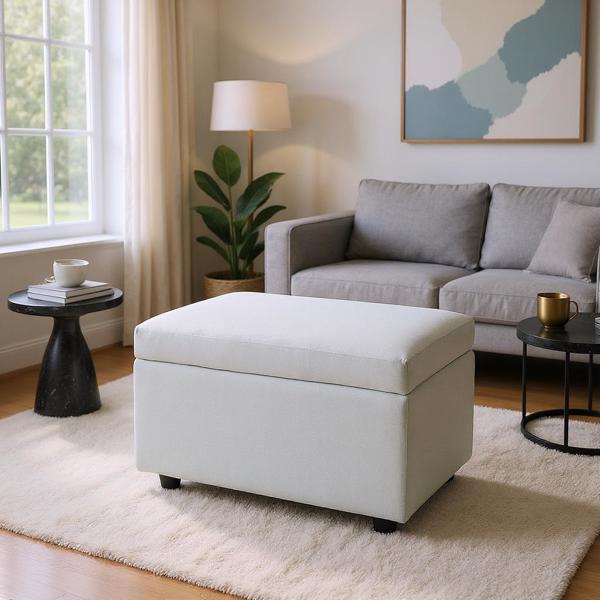 Beige Linen-Textured Storage Ottoman with Rubber Feet – 63×43×43cm Bench for Entryway, Bedroom or Living Room-1