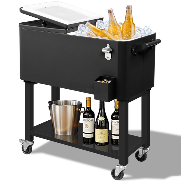 80 Quart Rolling Ice Chest, Portable Bar Drink Cooler with Catch Basin, Bottom Storage Tray and Bottle Opener for Patio Party BBQ Beach Activities-9