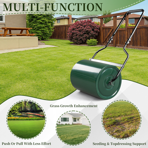 16in Heavy Duty Steel Lawn Roller, Garden Roller Can Be Filled with Water or Sand, Hand Roller with U-shaped Handle, Green & Black-16