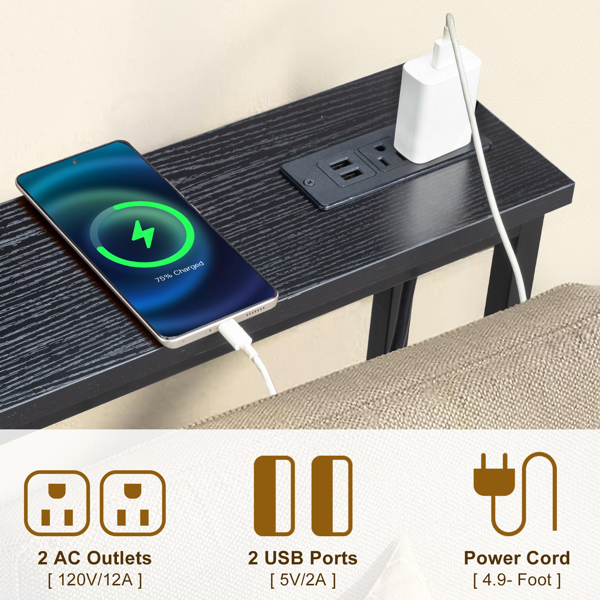 39.4" Narrow Console Sofa Table with Power Outlets and USB Ports, Skinny Couch Table with Metal Frame and Charge Station with 4.9ft Extension Cord, Black-11