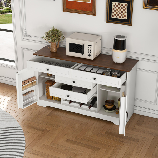 54" Farmhouse Buffet Sideboard with Storage Cabinet & Adjustable Shelf – Wood Top Dining Table with Drawer, Kitchen Storage Cabinet for Dining Room, Living Room, White-8