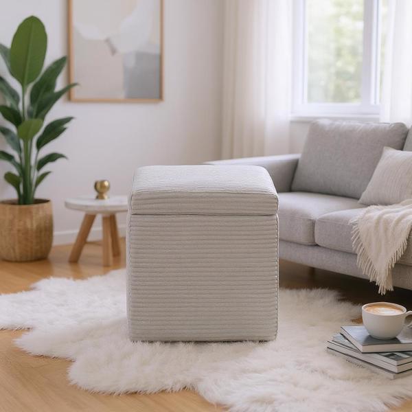 Light Gray Corduroy Storage Ottoman with Rubber Feet – Compact Soft Cube Seat, 42×42×44cm-1