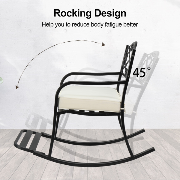 Metal Rocking Chair, Outdoor Rocking Bench with Cushion, Patio Rocker with Footrest, Weatherproof Rocking Chair for Outside, Patio, Garden, Flower Backrest-2