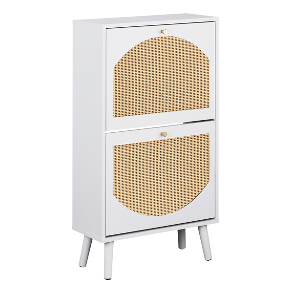 2 dump buckets with high-leg arched rattan shoe cabinet particle board + plastic rattan 54*24*98cm white frame + original wood rattan surface + white high-leg shoe cabinet-8